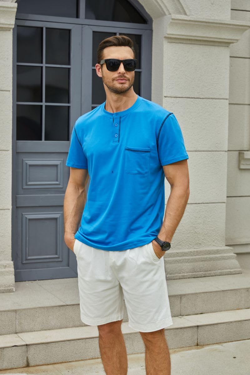 Men's Fashion Henley Shirt Classic Short/Long Sleeve Lightweight Button Cotton T-Shirt Casual Top Blue