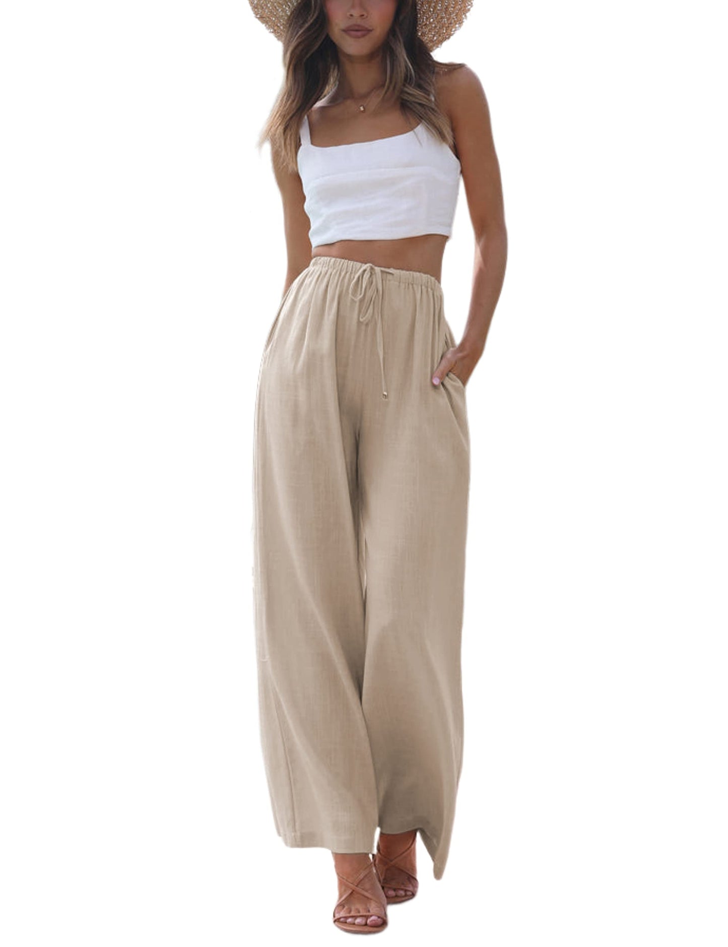 Faleave Women's Cotton Linen Summer Palazzo Pants Flowy Wide Leg Beach Trousers with Pockets(Khaki-S)