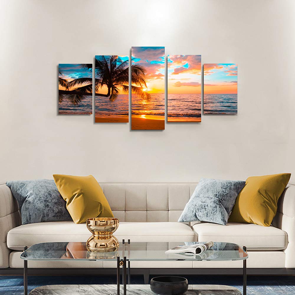 EPHANY Abstract beach canvas wall art Landscape Art - 5 Pieces Canvas Wall Art, Beach Decor Canvas Wall Art, Sunset On Ocean, ocean beach picture, nature landscape (C-5pcs,40"x20")