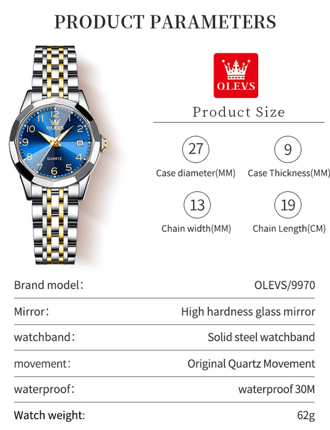 OLEVS Blue Womens Watch Fashion Dress Diamond Female Watches for Ladies Analog Quartz Silver Stainless Steel Waterproof Luminous Day Date Two Tone Wristwatch