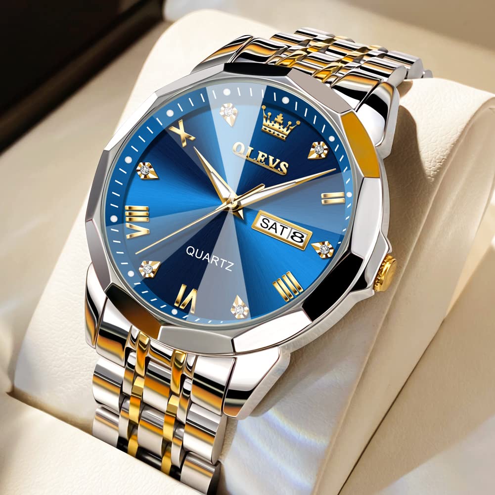 Reloj OLEVS para hombre, de acero inoxidable, analógico, de cuarzo, resistente al agua, luminoso, con fecha, de lujo, informal, de dos tonos, color azul