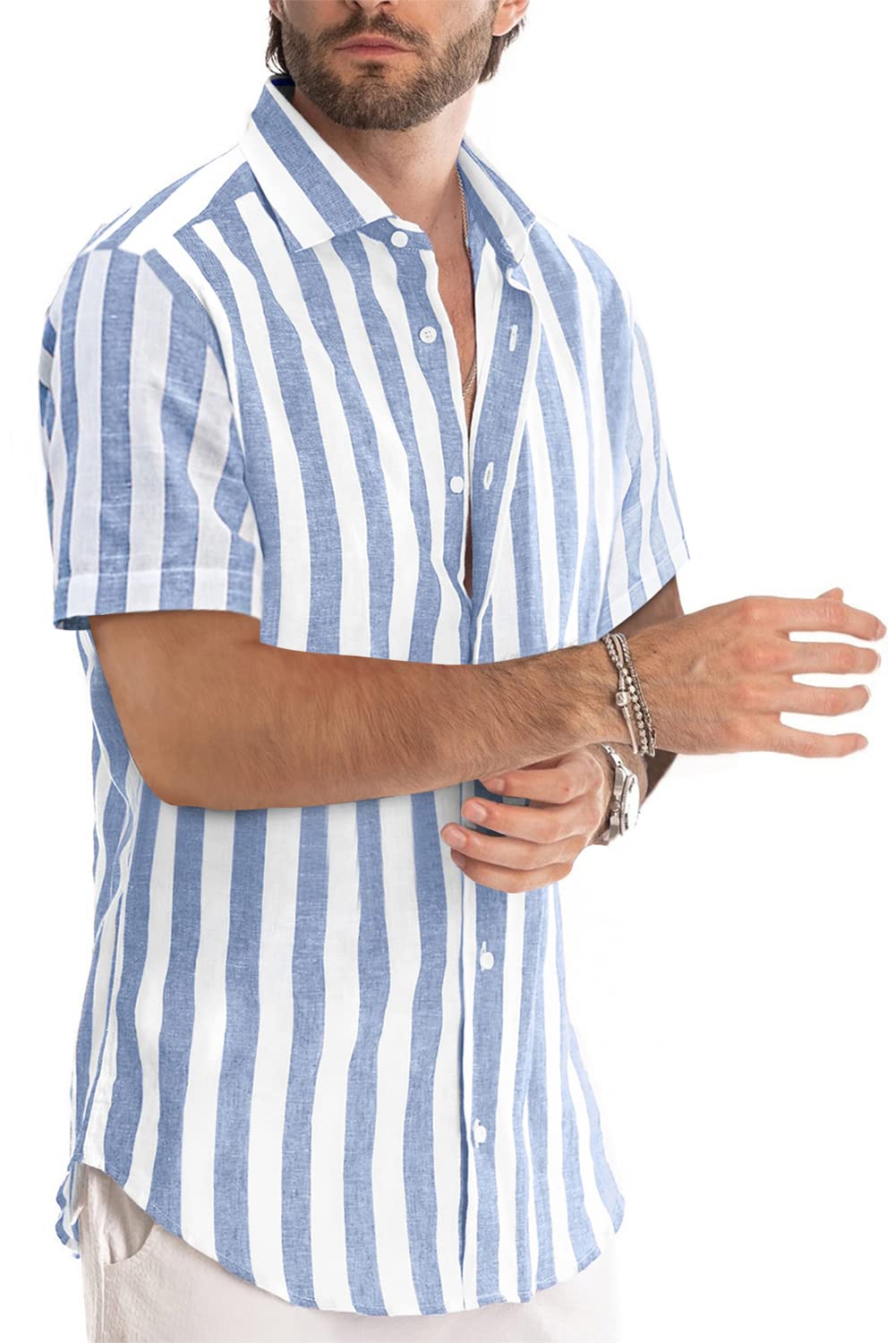 JMIERR Camisas de manga corta con botones para hombre, informales, elegantes, de verano, de algodón y lino, con rayas verticales, para vestir en la playa, para uso en el resort, L, azul cielo