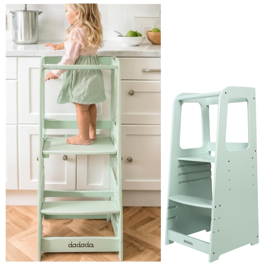 ***dadada Toddler Tower - Kids Step Stool with Safety Rail - Adjustable Montessori Step Stool for Kids - Toddler Learning Tower with Protection - Kitchen Toddler Step Stool - Sage