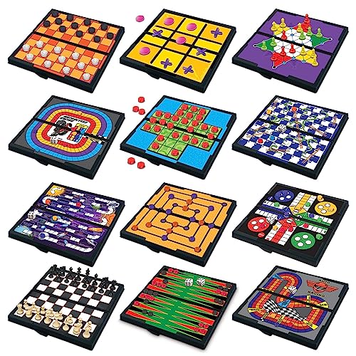 Juego de viaje con tablero magnético pequeño Gamie: incluye 12 juegos divertidos retro, diseño compacto de 5 pulgadas, empaquetado individualmente, enseña estrategia y concentración, viajes por carretera, campamentos para niños de 6 años en adelante