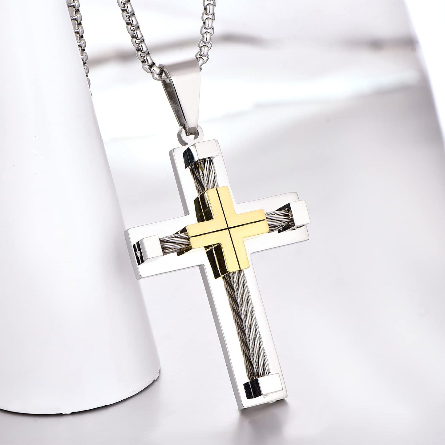 YL Cross Necklace Stainless Steel Crucifix Pendant 24'' Rolo Chain 18K White Gold/Gold Jewelry for Men