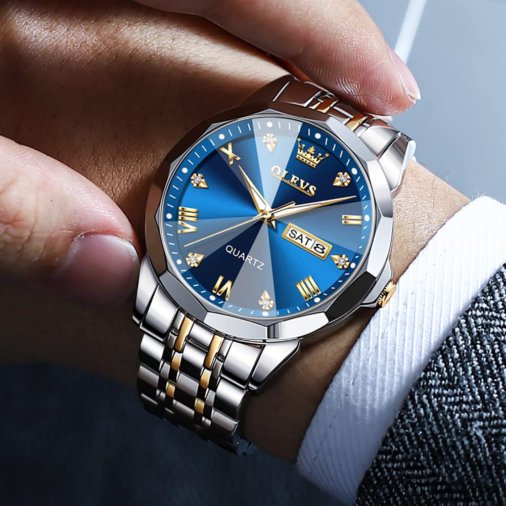 Reloj OLEVS para hombre, de acero inoxidable, analógico, de cuarzo, resistente al agua, luminoso, con fecha, de lujo, informal, de dos tonos, color azul