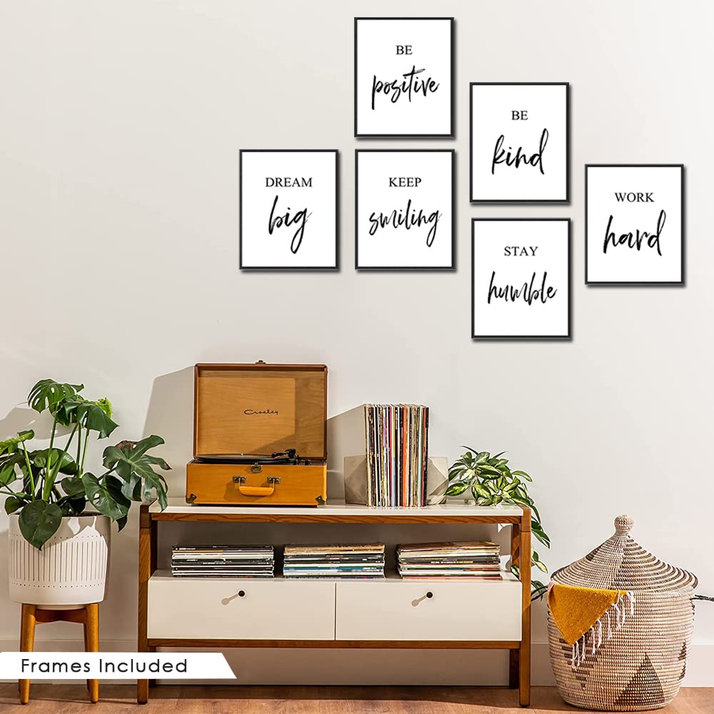 Inspirational Wall Art, Framed Motivational Canvas Wall Art Positive Quote for Living Room Bedroom Office, Stretched Ready to Hang (Set of 6, 8X10in, Framed)