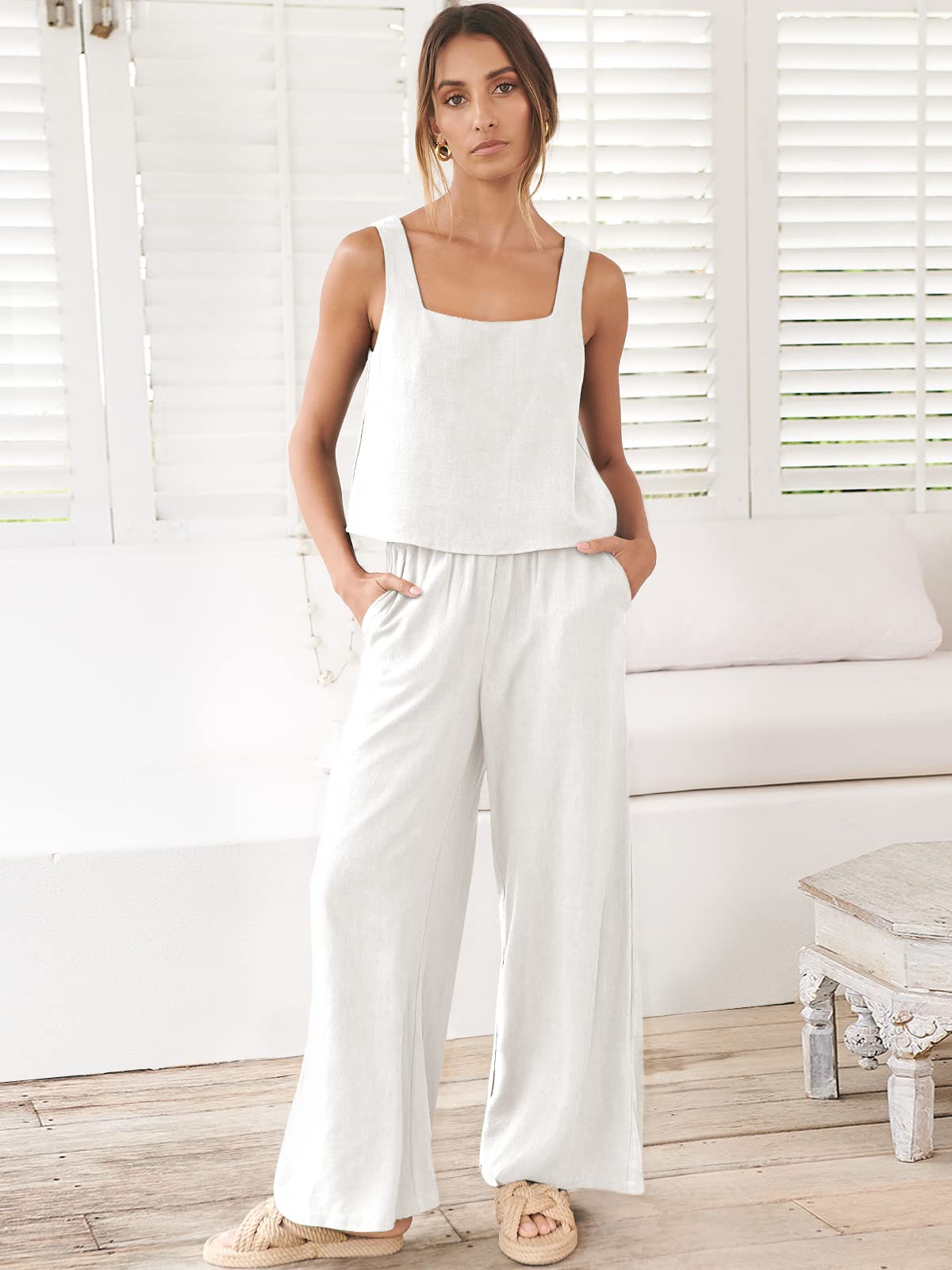 ANRABESS Women's 2 Piece Outfits Linen Pants Jumpsuit Matching Lounge Set Casual Summer Beach Vacation Trendy Clothes White Medium