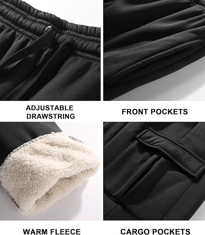 SECOOD Men's Fleece Winter Pants Sherpa Lined Active Warm Sweatpants Drawstring Elastic with Pockets Deep Black Large