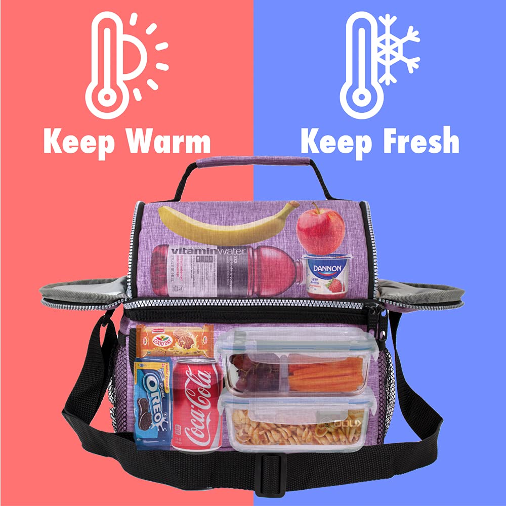 opux Lunch Bag Women Insulated, Adult Lunch Box Cooler, Lunch Box for Men, Dual Compartment Lunchbox for Work, Leakproof Double Decker Lunch Bag, Soft Lunch Pail Tote Girls Boys Kids School, Purple