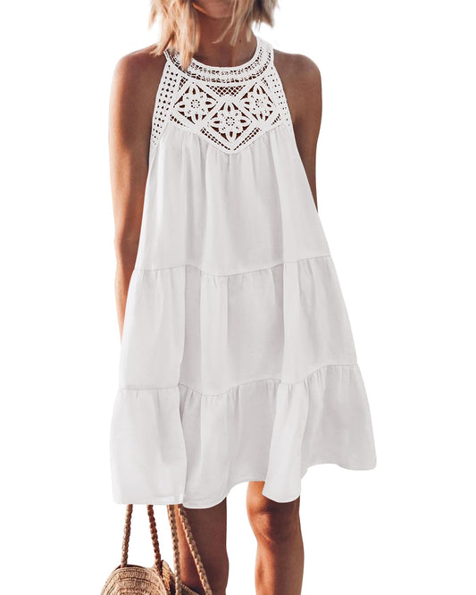 BTFBM - Vestido corto informal sin mangas con cuello halter para mujer, corte en A, con capas y aberturas, para primavera y verano, 2024 (blanco liso, pequeño)