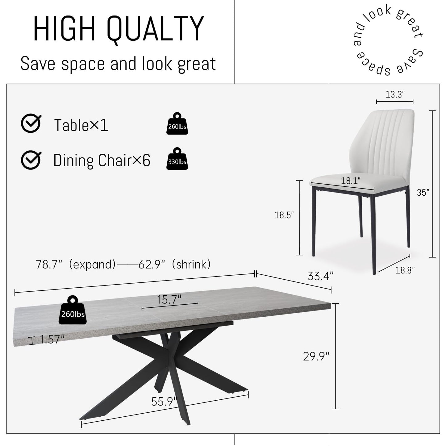 Mesa de comedor moderna ZckyCine para 6-8 personas, rectangular, expandible y ahorradora de espacio, con marco de metal (mesa gris + 6 sillas blancas)