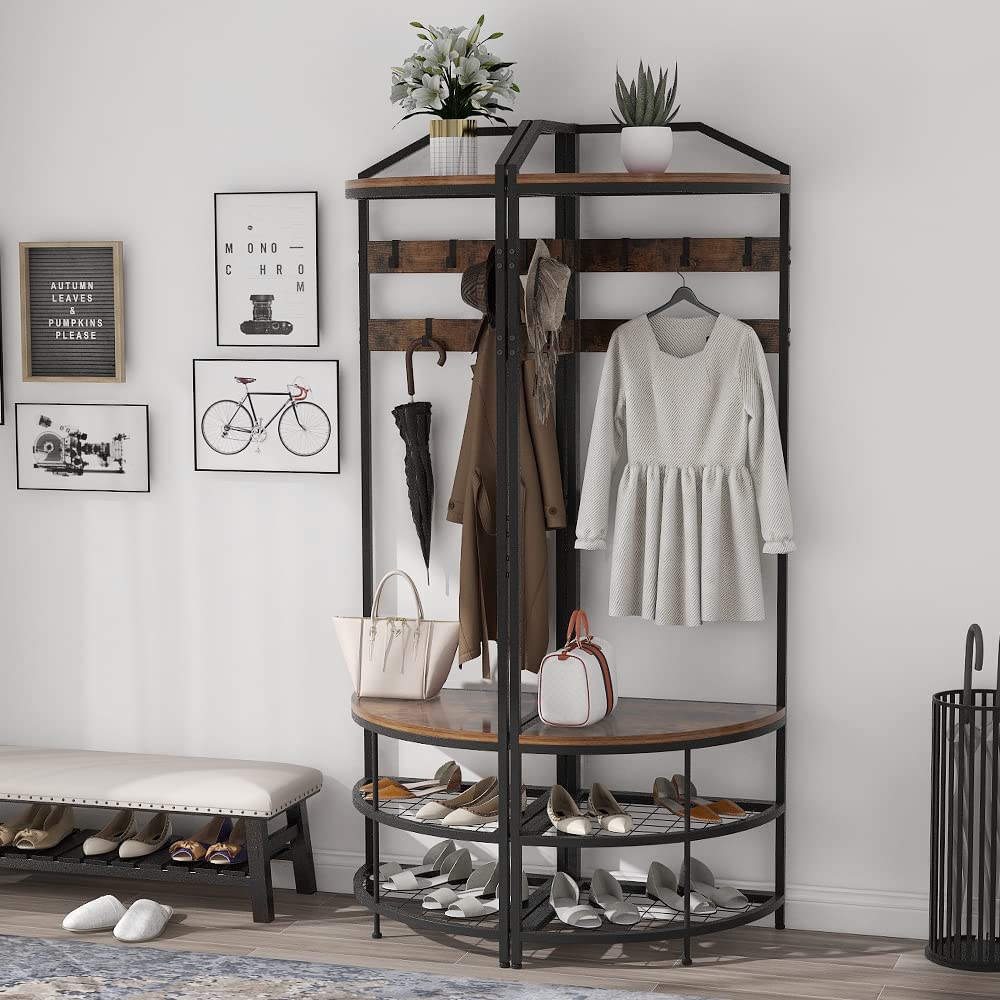 GiftGo Corner Hall Tree with Shoe Bench Entryway Coat Rack with 10 Metal Movable Hooks Freestanding