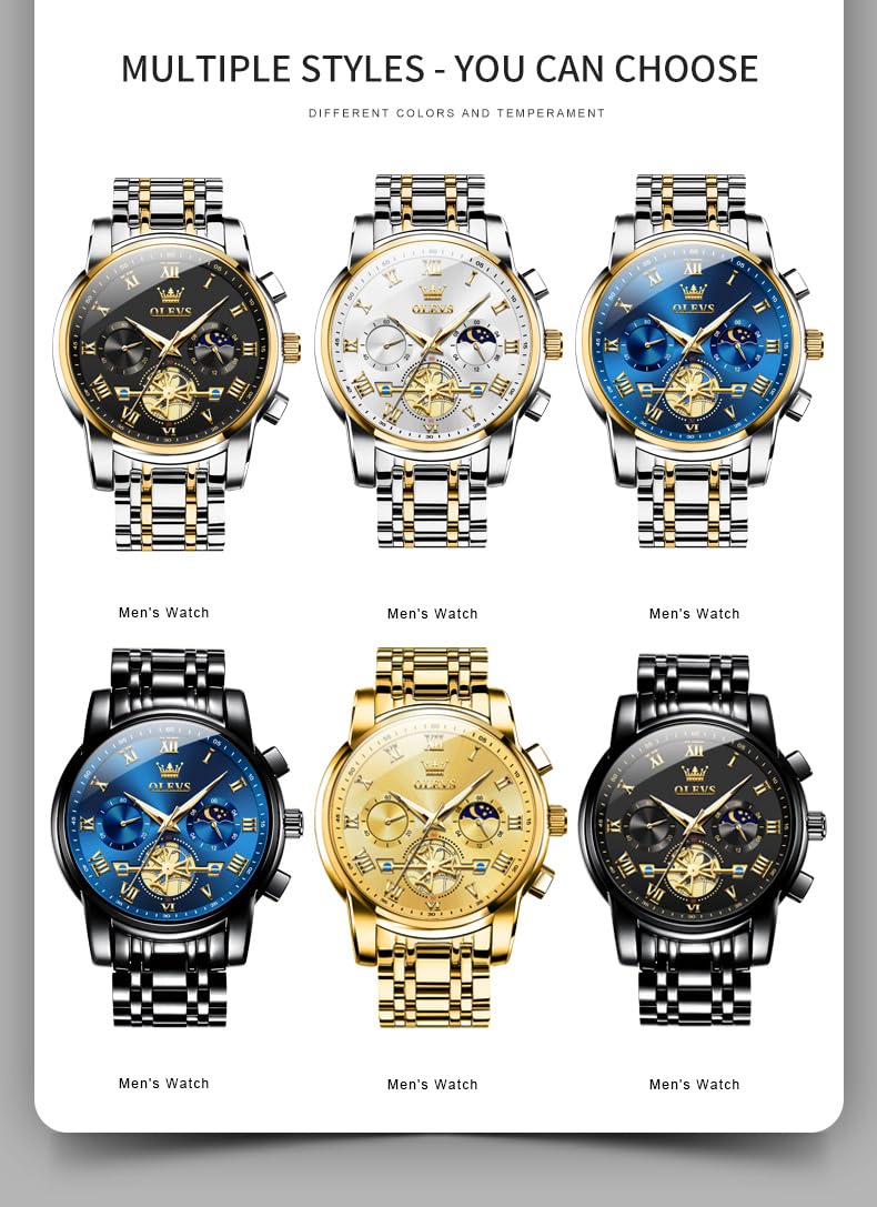 Gold and Blue Mens Watch Chronograph Two Tone Luxury Stainless Steel Multi-Function Big Face Watches for Men Tourbillon Waterproof Dress Quartz Analog Men's Wrist Watch Reloj De Hombre