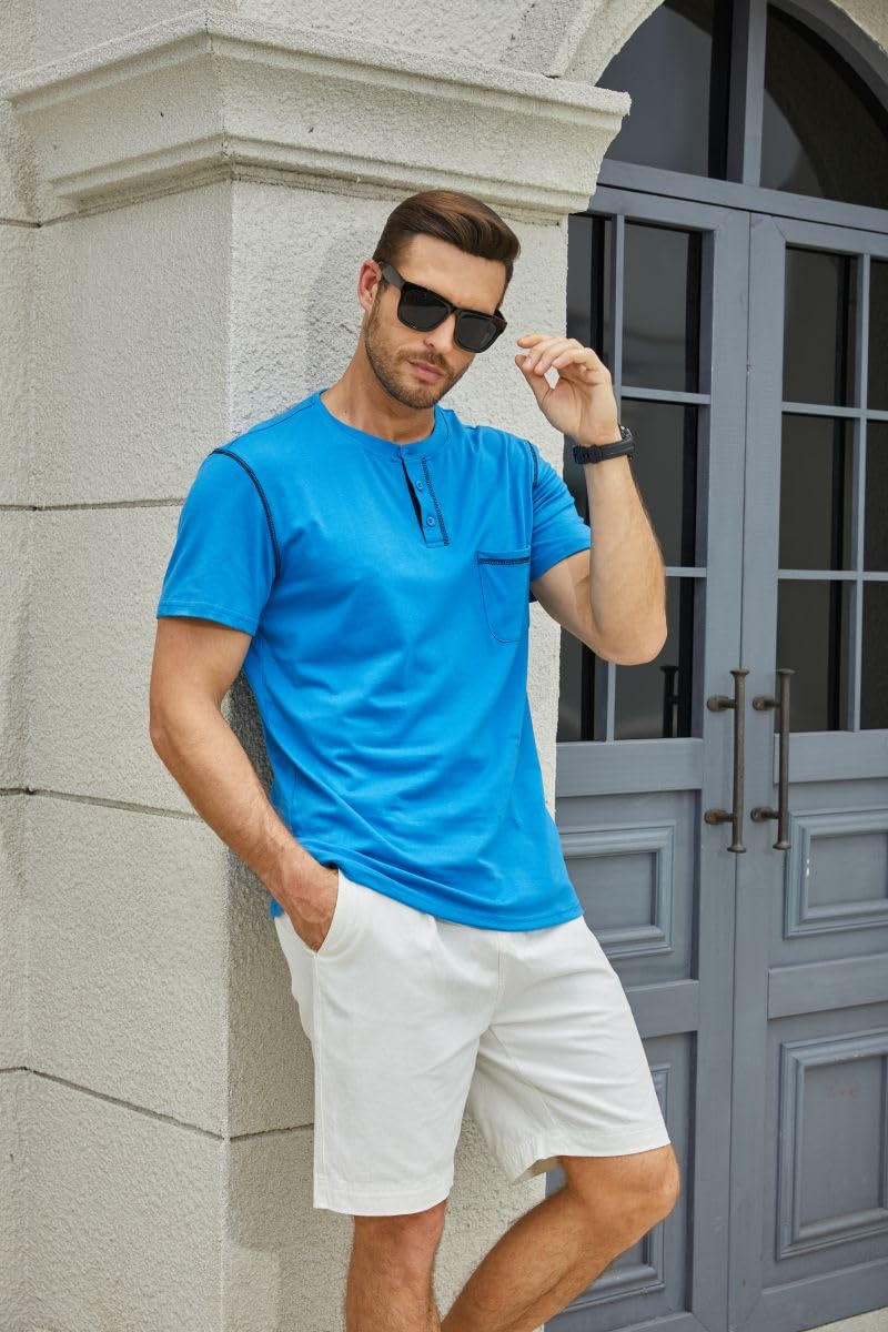 Men's Fashion Henley Shirt Classic Short/Long Sleeve Lightweight Button Cotton T-Shirt Casual Top Blue