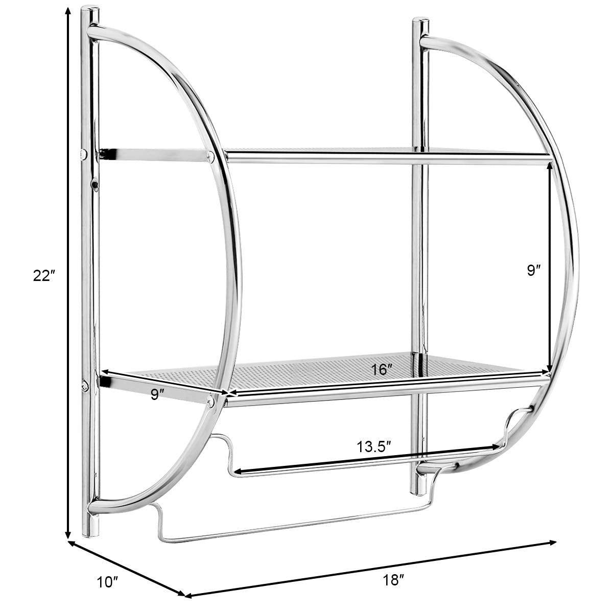 Estante de baño de 2 niveles con barras para montaje en pared Tangkula, 18" de ancho x 10" de profundidad x 22" de alto, estante de baño cromado, estante de doble capa para inodoro doméstico, estante cromado a prueba de óxido