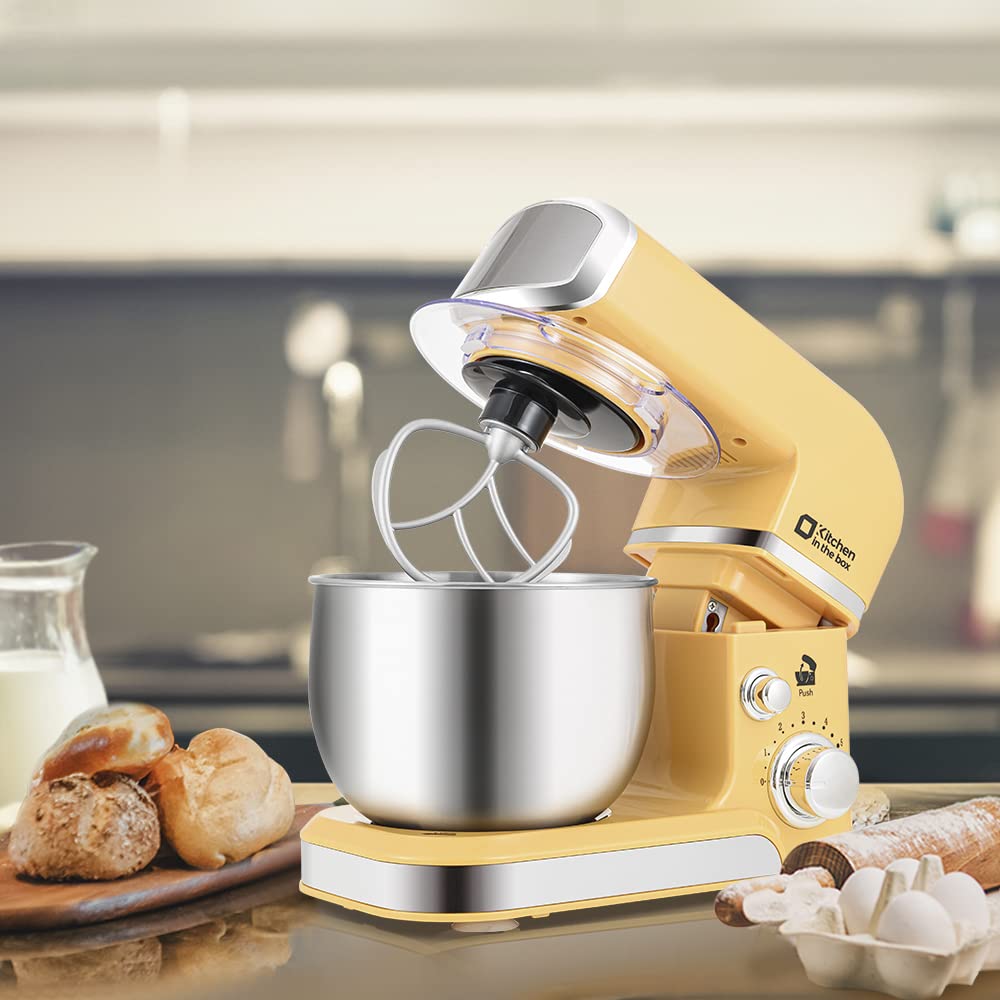 Kitchen in the box Stand Mixer,3.2Qt Small Electric Food Mixer,6 Speeds Portable Lightweight Kitchen Mixer for Daily Use with Egg Whisk,Dough Hook,Flat Beater (Yellow)