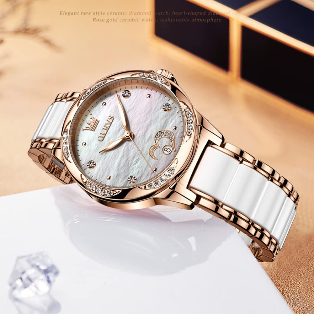 OLEVS Automatic Self Winding Watch for Women Rose Gold Stainless Steel Ceramic Women Wrist Watches Large Face White Heart Diamond Mother of Pearl Waterproof Date Ladies Watch for Women Two Tone