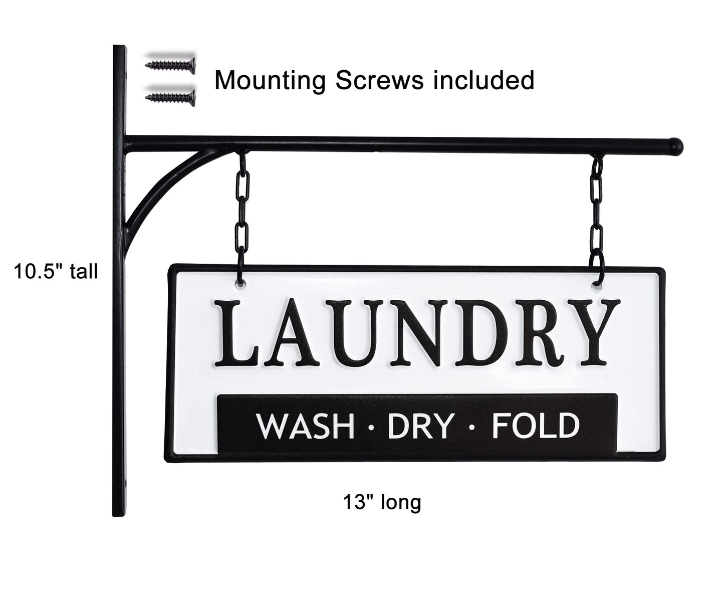 Laundry Wash Dry Fold Laundry Hanging Sign for Laundry Room, Decorative Metal Laundry Room Wall Decor, Double-Sided Embossed with Bracket - 13 x 10.5 Inchs