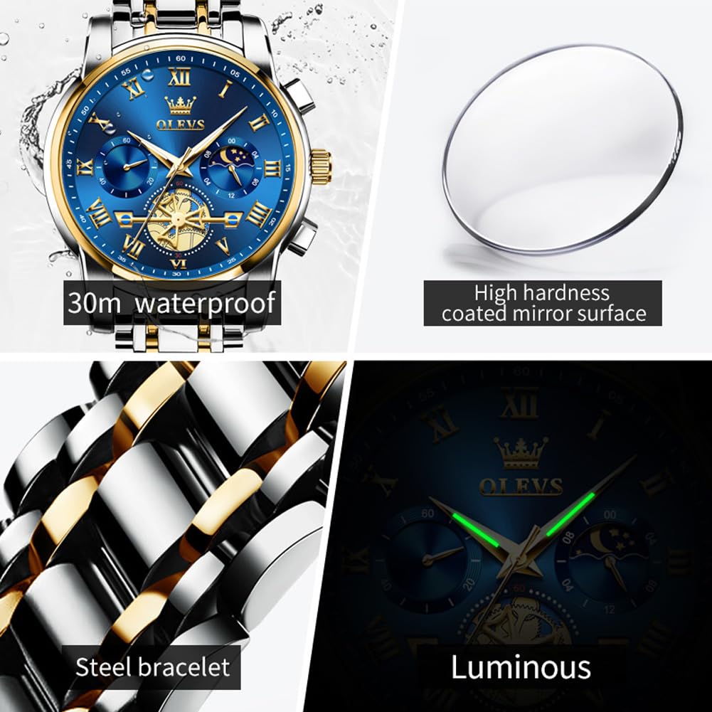 Gold and Blue Mens Watch Chronograph Two Tone Luxury Stainless Steel Multi-Function Big Face Watches for Men Tourbillon Waterproof Dress Quartz Analog Men's Wrist Watch Reloj De Hombre