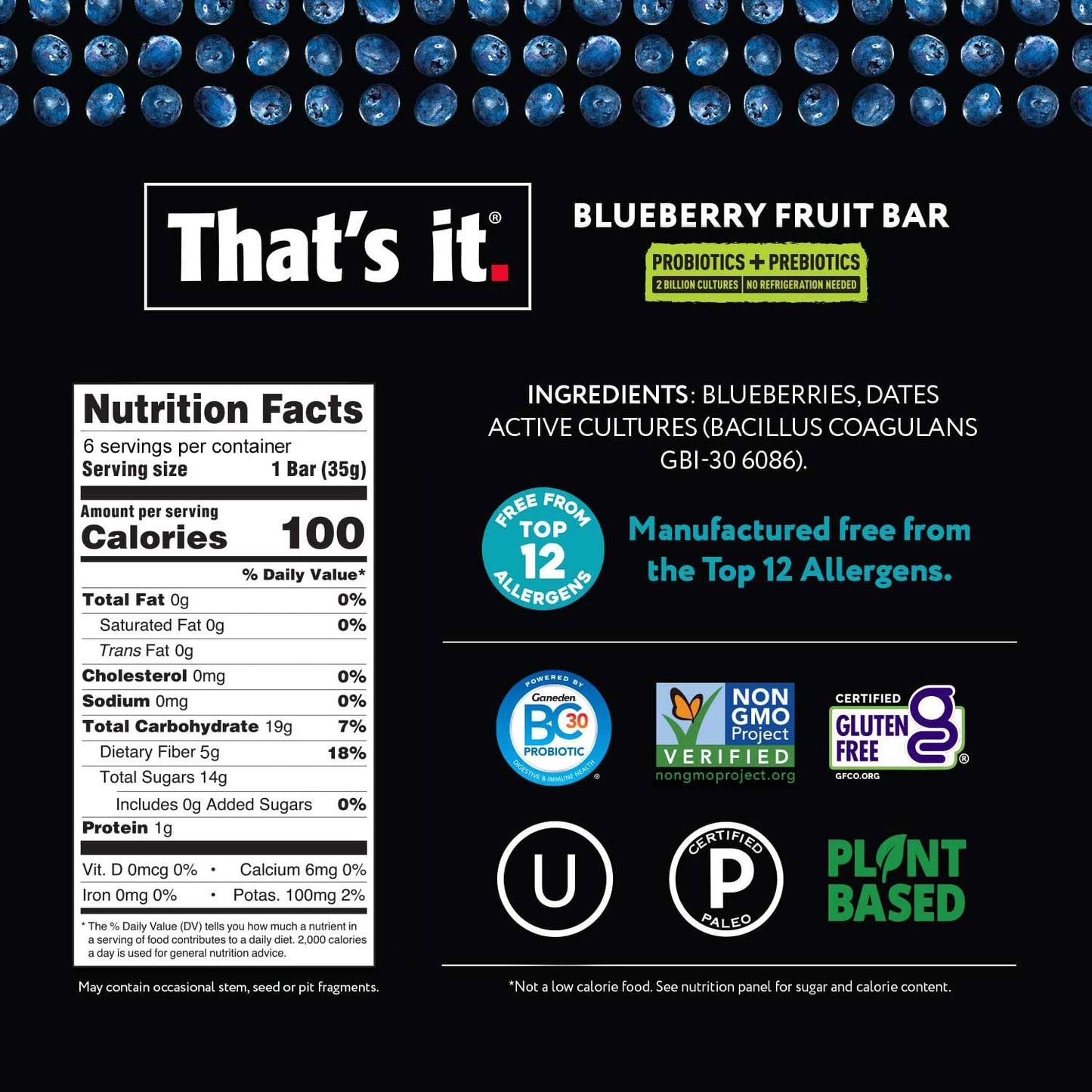 That's it. Probiotic Fruit Bar Variety Pack, Mango & Blueberry Flavors, Just Real Fruit + Probiotics, 100 Calories Per Bar, All Natural, 2-3 Ingredients, Shelf Stable, Allergy-Friendly (12 Count)