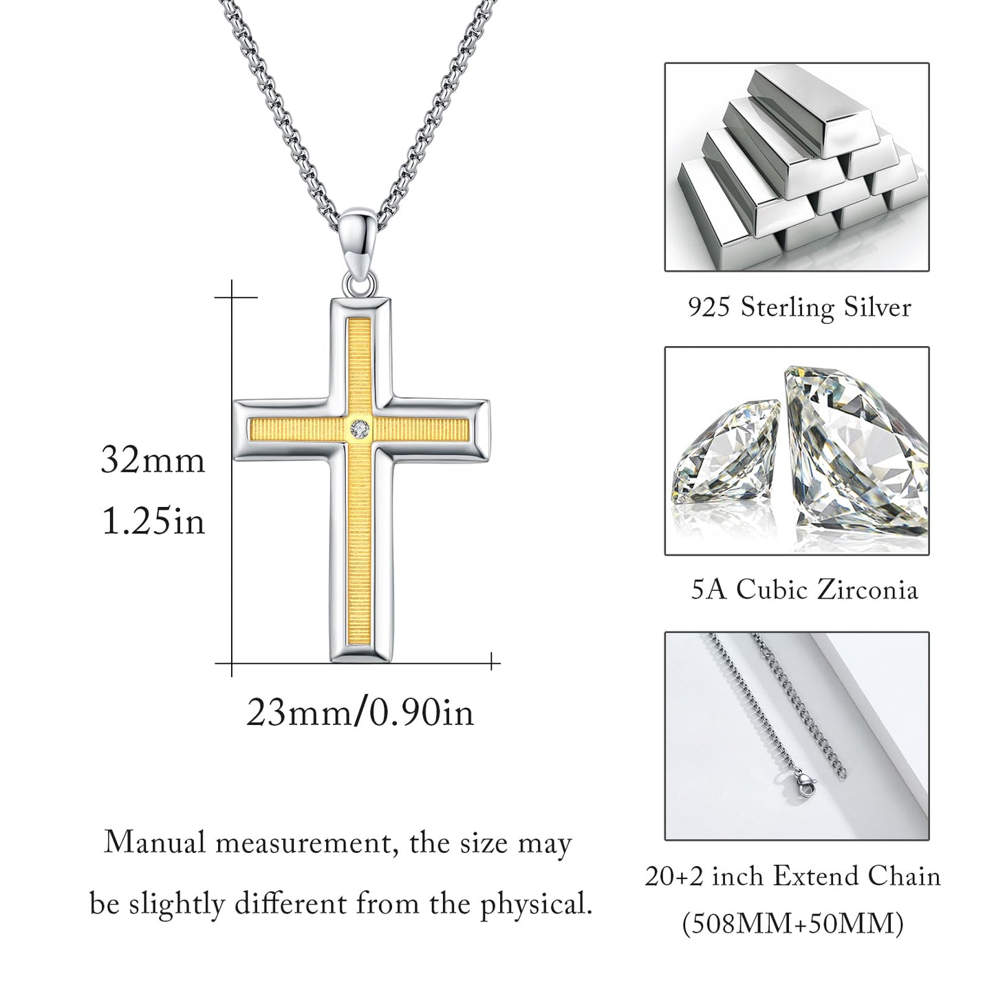 CRWENG Cross Necklace for Men 925 Sterling Silver Cross Pendant Necklace 14K Gold Plated Cross Necklace Jewelry Religious Gothic Punk Necklace Birthday Christmas Gift for Men