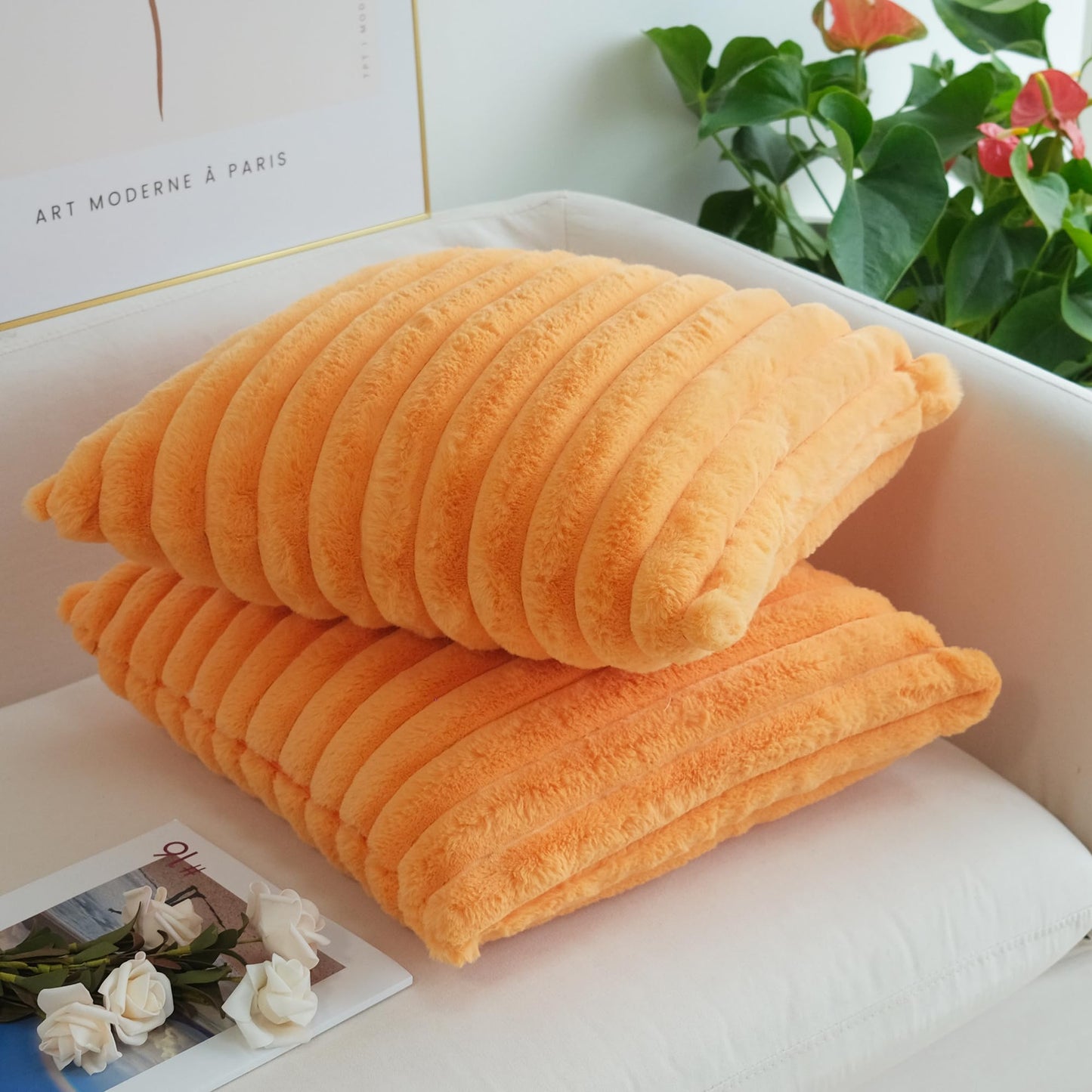 JOJUSIS Pack of 2 Faux Fur Plush Decorative Throw Pillow Covers Couch Cushion Case Soft Pillowcases Fall Pillowcases (Orange, 18 x 18-Inch)