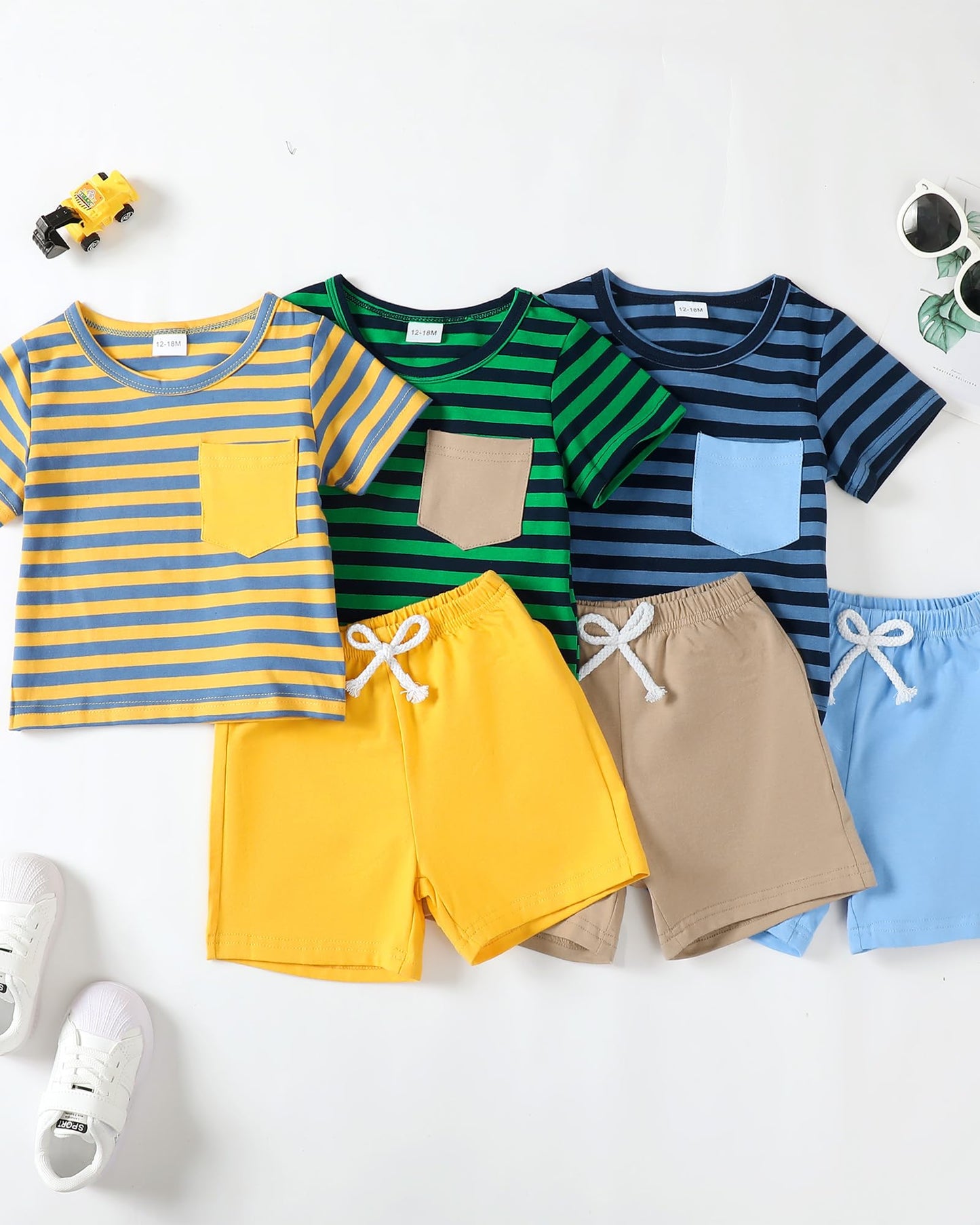 Mioglrie Infant Baby Boy Summer Clothes Sets Outfits Striped Short Sleeve T-Shirt Stretch Casual Shorts Set 12-18 Months