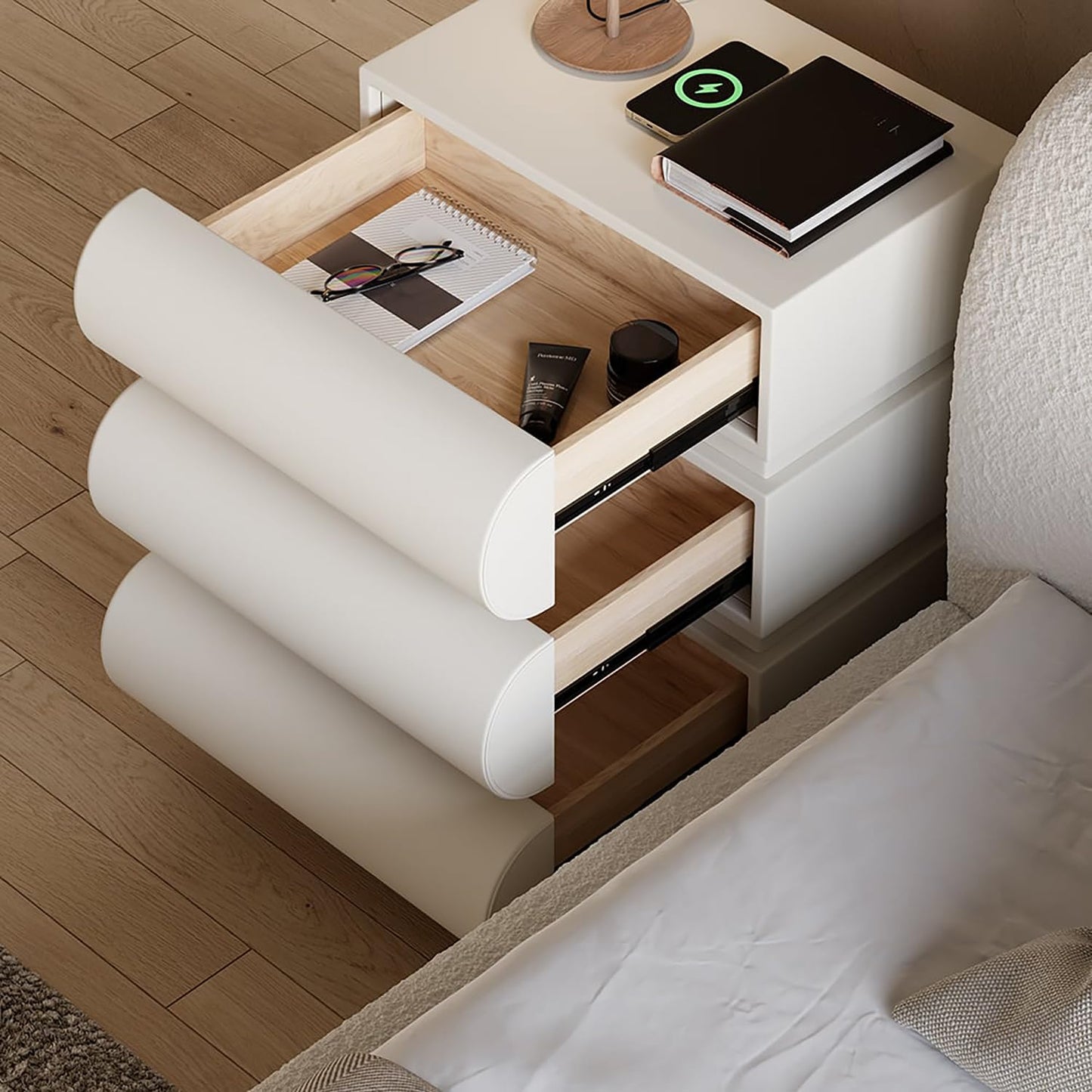 homary Smart Nightstand with Drawers Modern White Leather Nightstands with Wireless Charger Bedside Table