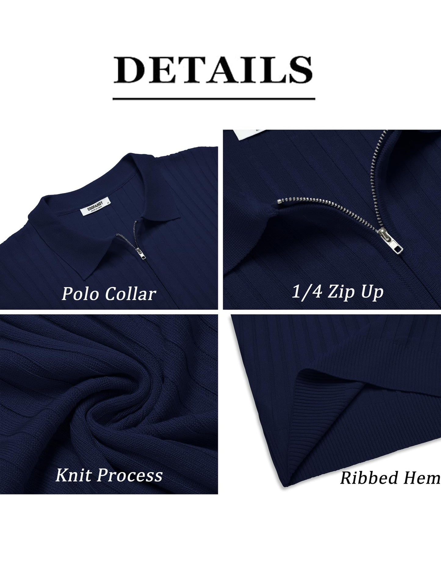 COOFANDY Men's Zipper Polo Shirts Short Sleeve Ribbed Knit Polo T Shirts Fashion Casual Golf Shirts Navy Blue