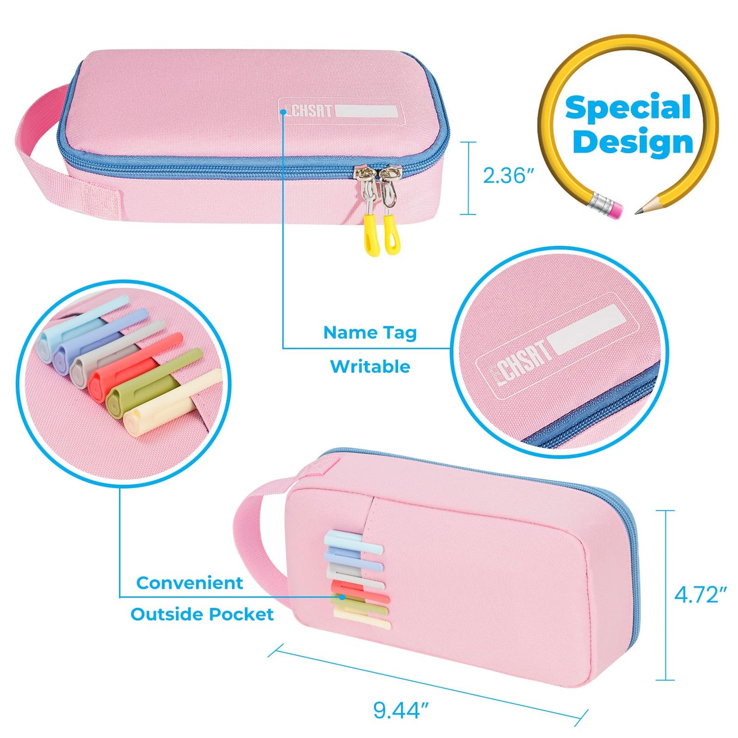 ECHSRT Big Pencil Case, Aesthetic Portable Zipper Pencil Bag with Hidden Pocket, Special Pencil Pouch for Men Women Adults, Stationery Organizer Pen Cases for Office Travel, Pink Pencil Case