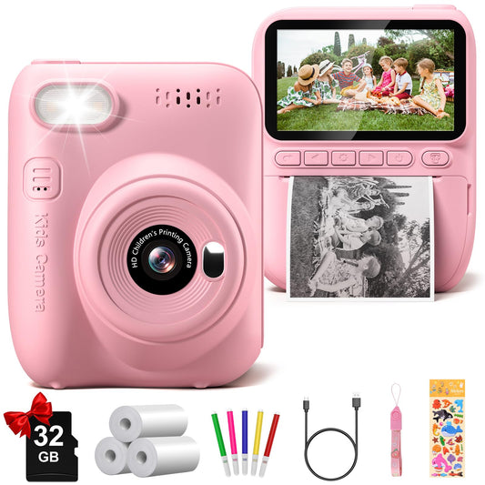 ***Instant Print Camera for Kids, 3.0" HD 32MP Kids Camera 1080P Digital Camera with 3 Rolls of Printer Paper, Toddler Camera Birthday Gifts Toy for 3-12 Year Old Girls Boys with 32GB SD Card-Pink