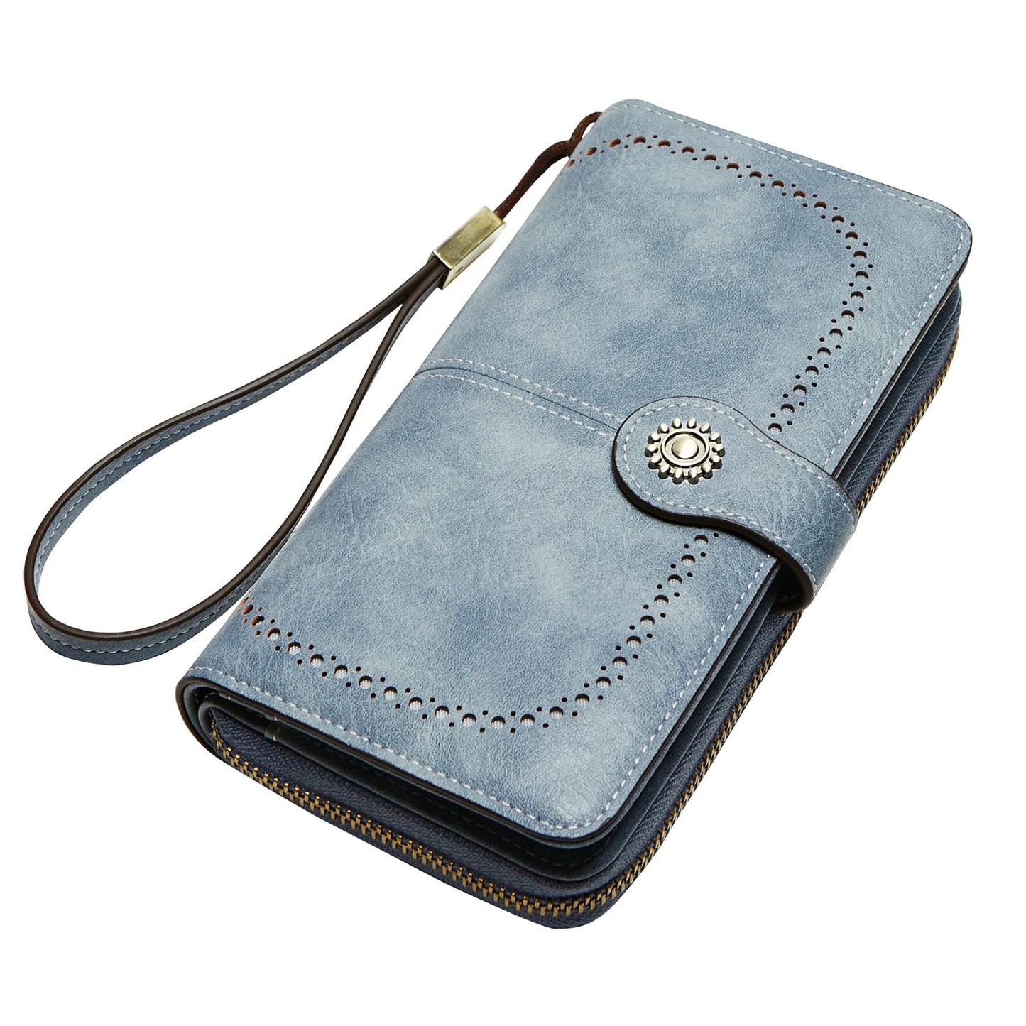 Cartera TFKGS para mujer, con bloqueo RFID, de cuero, de gran capacidad, tarjetero, para teléfono, bolso de mano, de viaje, largo, color azul