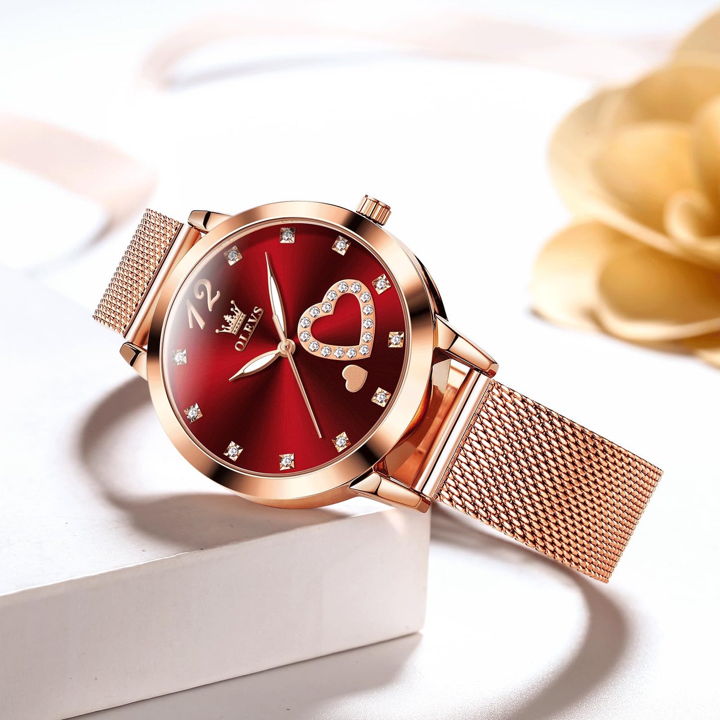 OLEVS Relojes de oro rosa para mujer, relojes de pulsera pequeños con diamantes para mujer, relojes de esfera grande, correa de malla fina de lujo para mujer, relojes analógicos simples con esfera roja para mujer, reloj resistente al agua para mujer