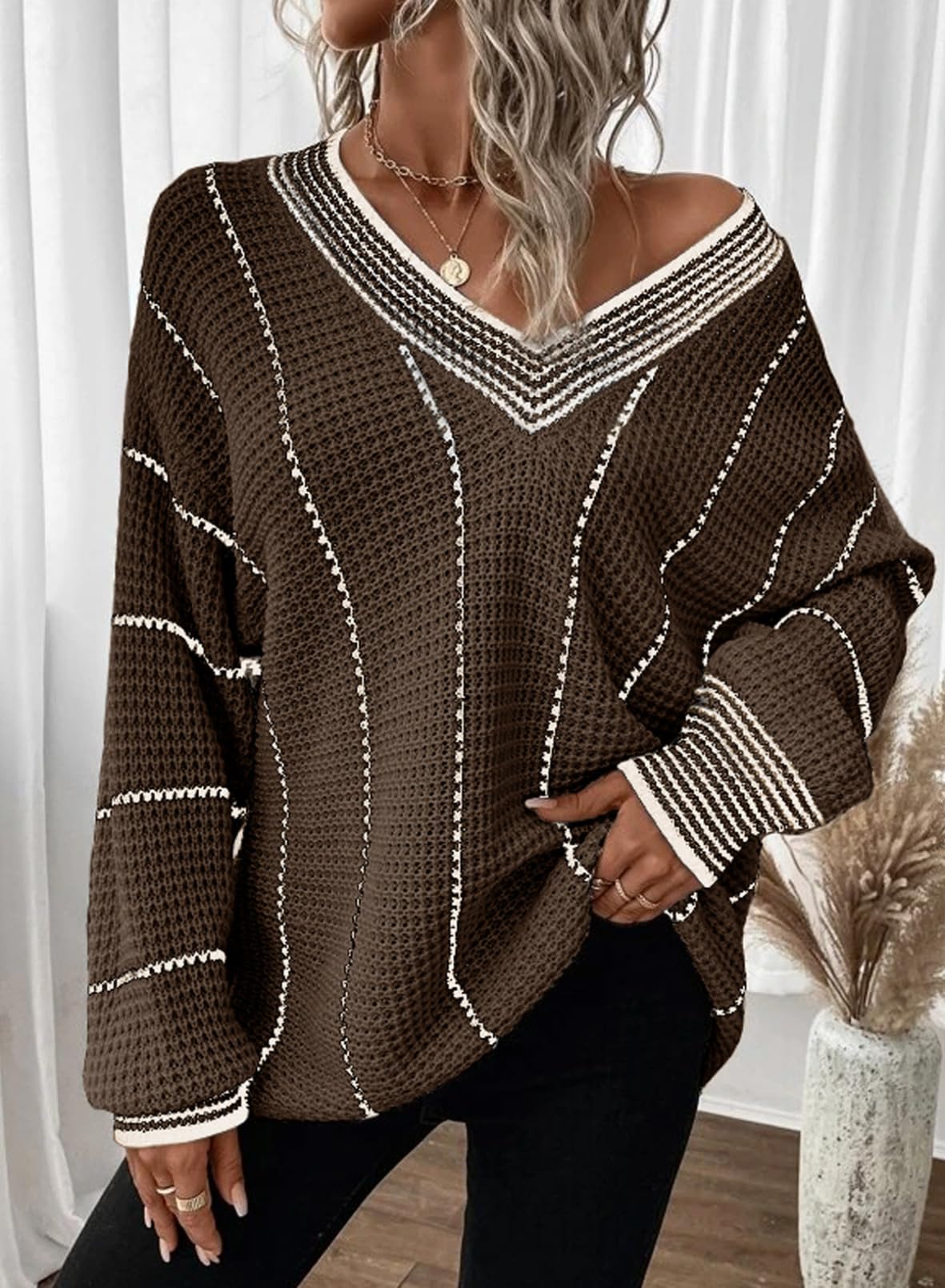 ***Dokotoo Womens V Neck Striped Knit Sweater 2023 Oversized Chunky Long Sleeve Winter Fall Sweaters for Women Cute Tunic Sweater Brown XX-Large