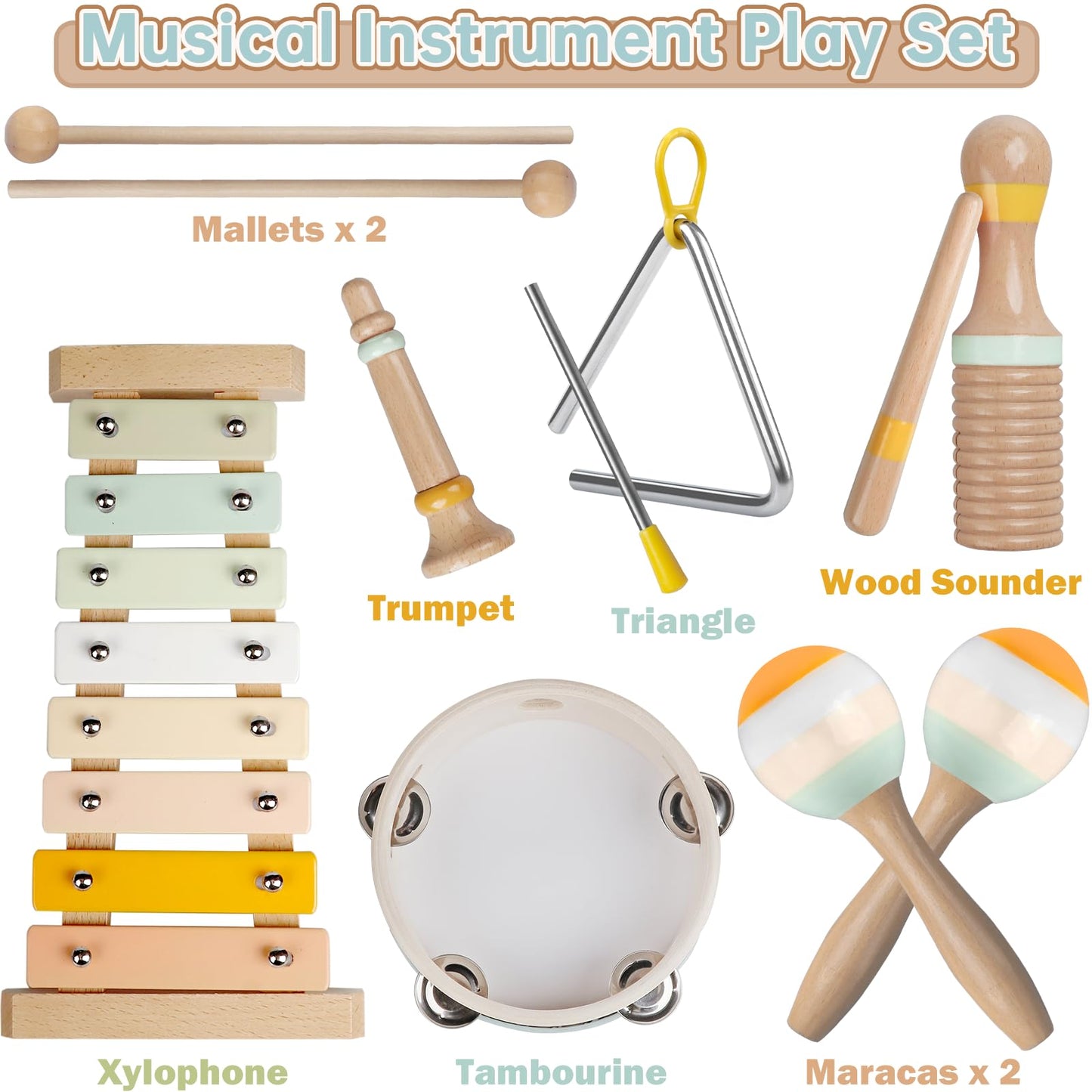 Musical Instruments - Neutral Color Musical Toys for Toddlers 1-3, Wooden Percussion Instruments for Kids, Modern Boho Xylophone Music Toys, Montessori Educational Baby Toys, Gender Neutral Baby Gifts