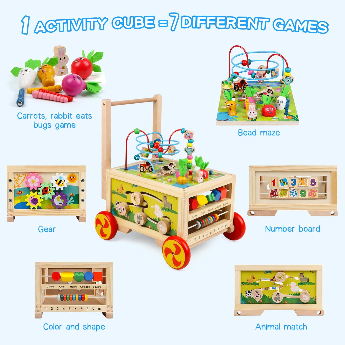 Wooden Activity Cube 7-in-1 Montessori Toy Multipurpose Educational Learning Toy for 1+ Year Old Baby Toddler Kid Boy First Birthday Gift Bead Maze Gear Number Animal Board Carrots Harvest Game