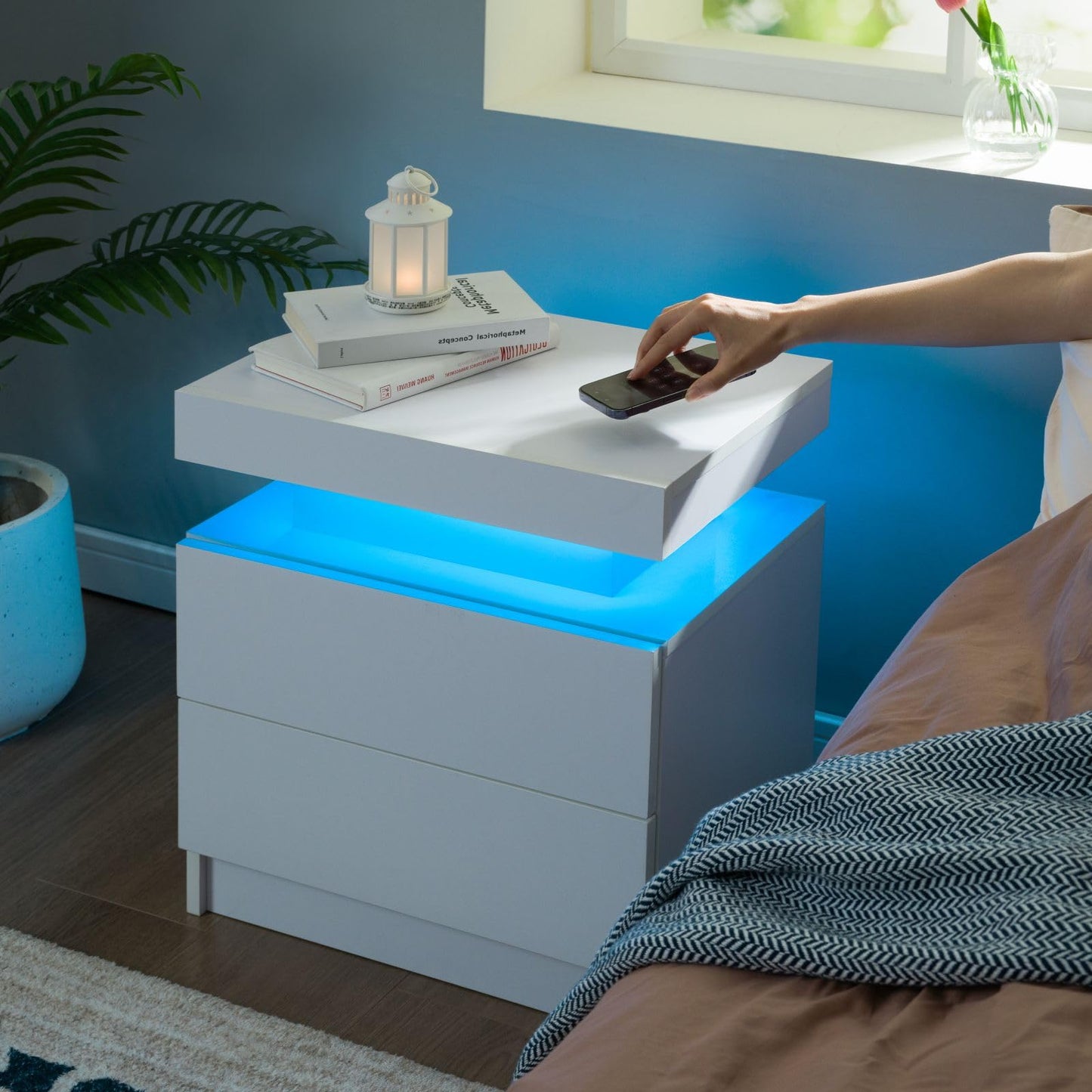 Juego de mesitas de noche i-aplus de 2 unidades, mesitas de noche LED con 2 cajones, mesita de noche con cajones para muebles de dormitorio