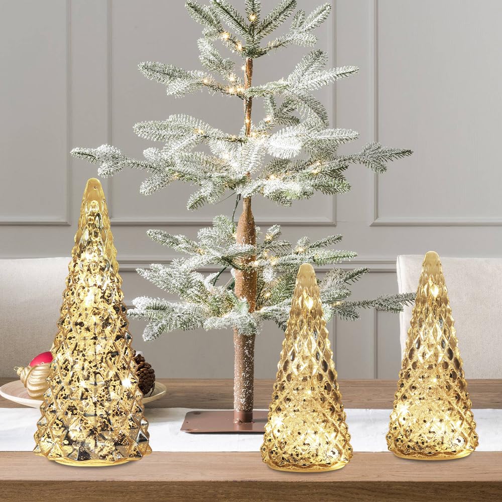 Christmas Decorations Indoor, YEAHOME Set of 3 Pre-lit Gold Glass Christmas Tree for Home Decor, Christmas Table Decorations Lighted Xmas Tree with Timer for Living Room Mantel Tabletop Party