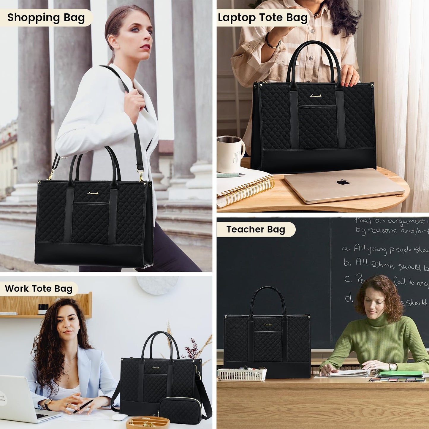 LOVEVOOK Bolsos para computadora portátil para mujeres, bolso de mano de trabajo impermeable de 15,6 pulgadas con bolso de mano, bolso de hombro liviano profesional para computadora de profesor, bolso de viaje, acolchado negro