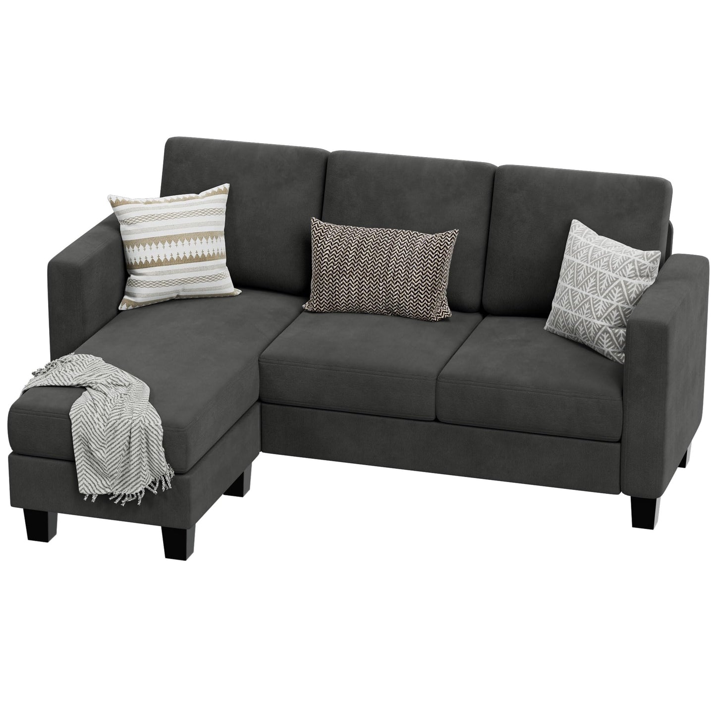 VICTONE Convertible Sectional Sofa Couch, 3 Seat L-Shaped Sofa with Linen Fabric, Movable Ottoman Small Couch for Small Apartments, Living Room and Office (Dark Gray)