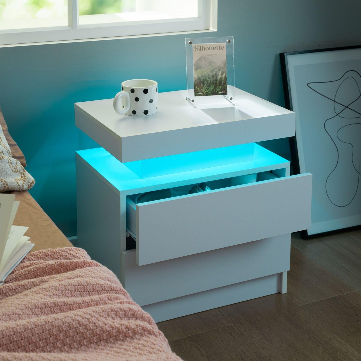 Juego de mesitas de noche i-aplus de 2 unidades, mesitas de noche LED con 2 cajones, mesita de noche con cajones para muebles de dormitorio