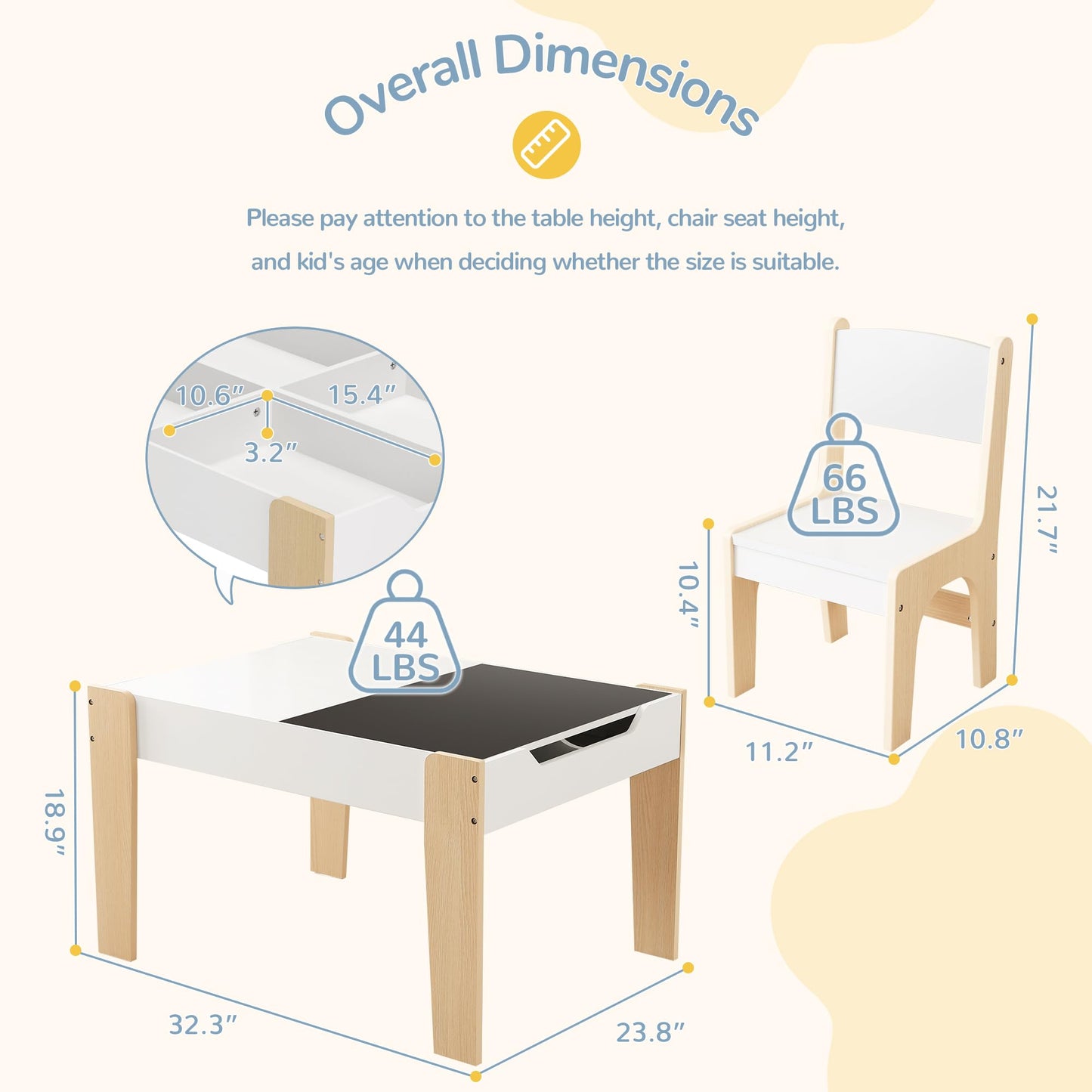 Curipeer 4 in 1 Kids Table and Chair Set, Table and Chairs for Toddlers 2-5 with 2 Reversible Blackboard, Children's Table with Storage for Activity/Play/Art/Read/Craft, White and Natural Color