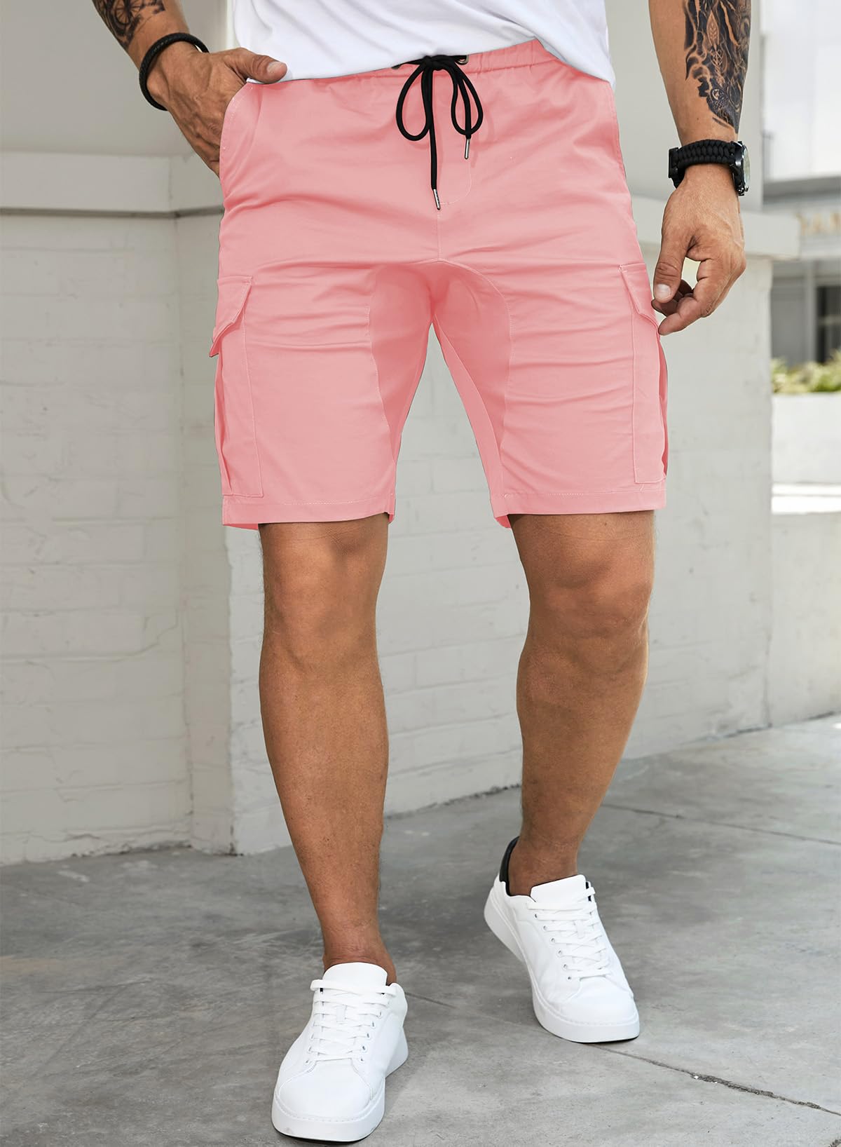 JMIERR Mens Casual Cargo Shorts - Cotton Drawstring Stretch Pink Summer Beach Shorts Twill Chino Short with 6 Pockets for Men,2XL