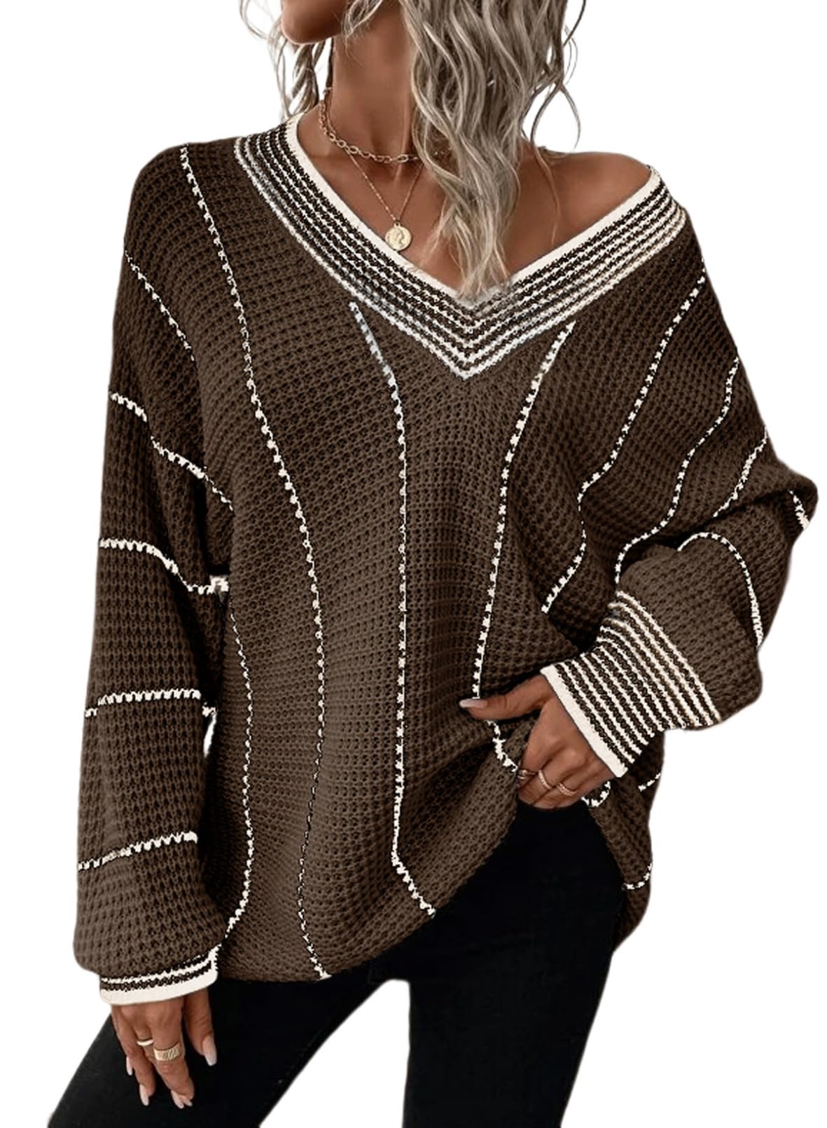 ***Dokotoo Womens V Neck Striped Knit Sweater 2023 Oversized Chunky Long Sleeve Winter Fall Sweaters for Women Cute Tunic Sweater Brown XX-Large