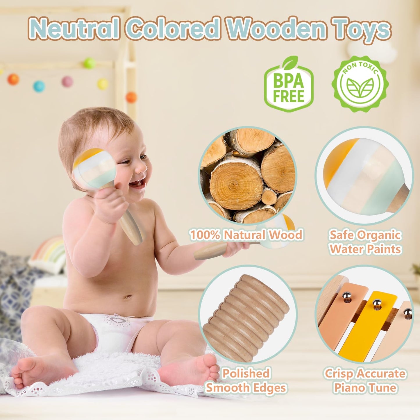 Musical Instruments - Neutral Color Musical Toys for Toddlers 1-3, Wooden Percussion Instruments for Kids, Modern Boho Xylophone Music Toys, Montessori Educational Baby Toys, Gender Neutral Baby Gifts