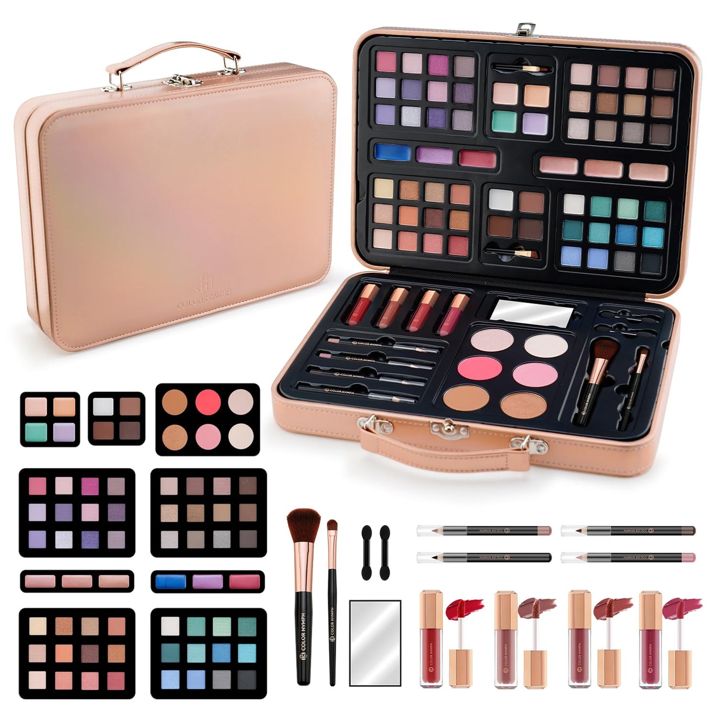 Multipurpose Makeup Kits for Teens Girls Kids, Travel Makeup Set Non-toxic, Makeup Gift for Women Teen, Eyeshadows Blushes Bronzer Highlighter Concealer Lipgloss Eyeliner Lipliner Brushes Gold Case