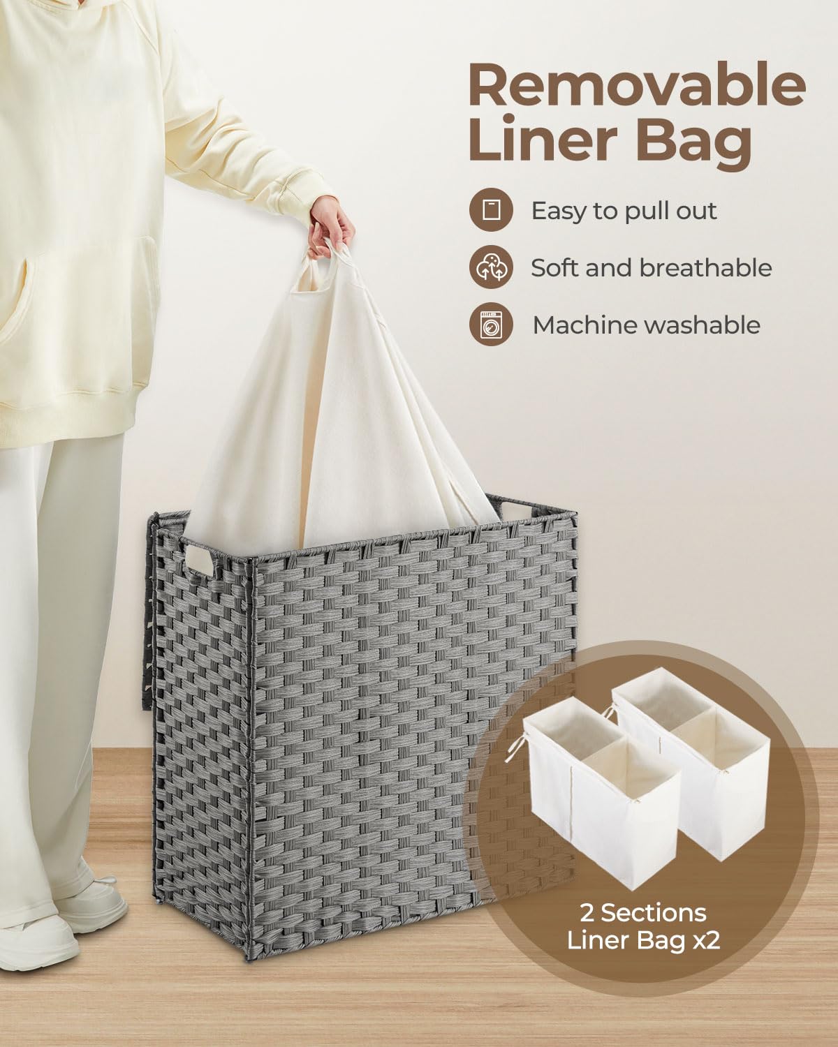 Greenstell Laundry Hamper with lid, Laundry Baskets Foldable 2 Removable Liner Bags