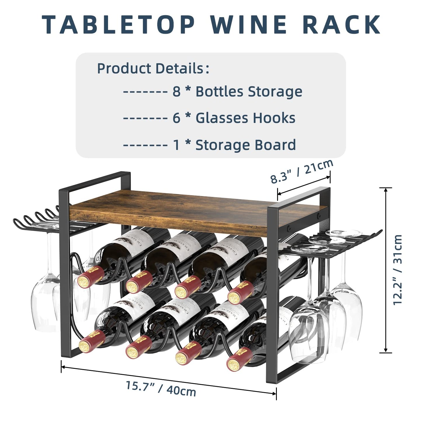 JAFUSI Botellero con soporte para copas, botellero de encimera con marco de metal, soporte para vino con bandeja de madera, botellero para decoración del hogar y almacenamiento de cocina (capacidad para 8 botellas y 4 a 6 copas)