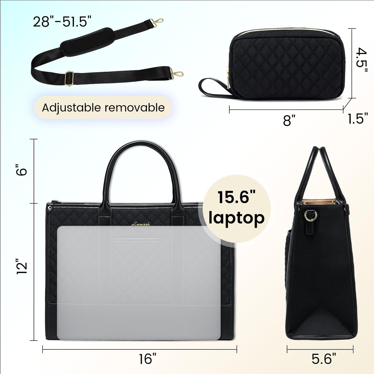 LOVEVOOK Bolsos para computadora portátil para mujeres, bolso de mano de trabajo impermeable de 15,6 pulgadas con bolso de mano, bolso de hombro liviano profesional para computadora de profesor, bolso de viaje, acolchado negro